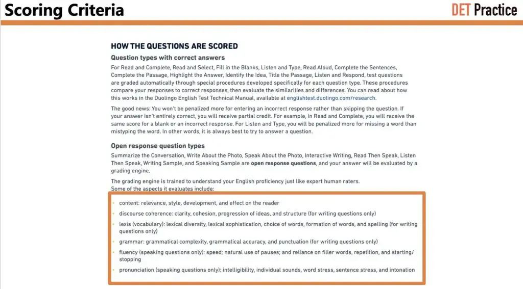 A screeenshot of DET scoring criteria.