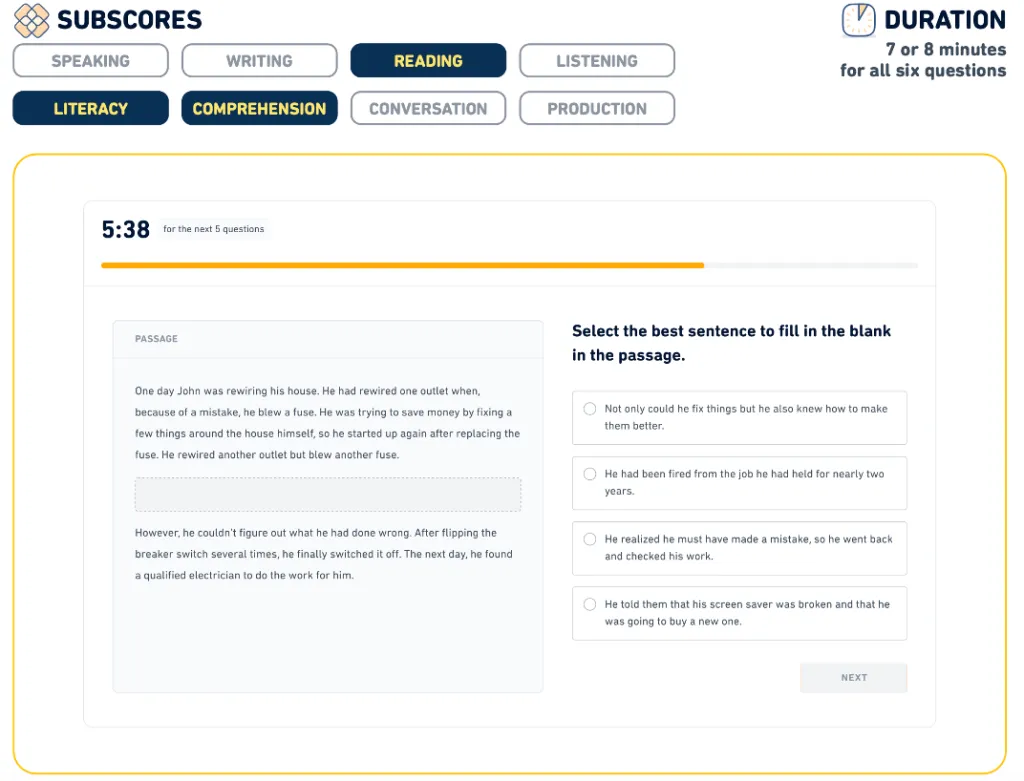 A screenshot of DET Interactive Reading: Complete the Passage.