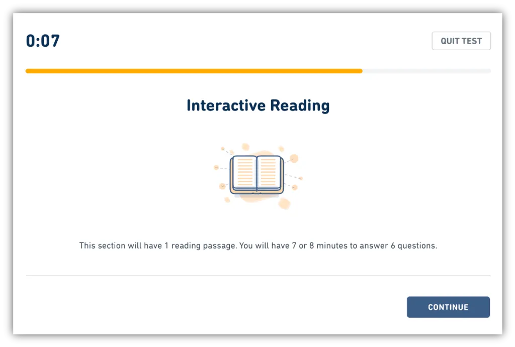 The first screen of Interactive Reading questions from Duolingo English Test.