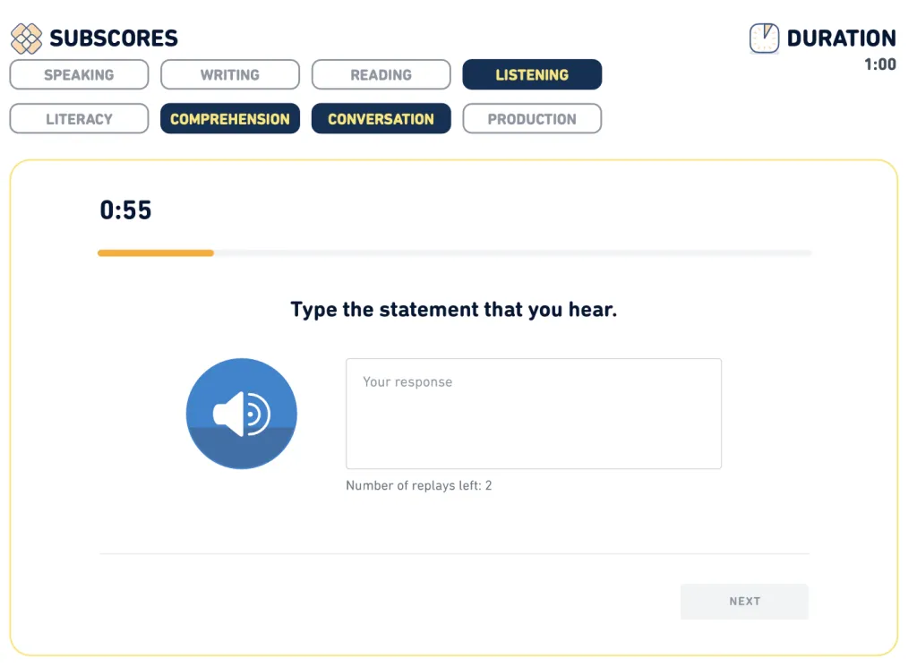 UI of the DET Listen and Type Question