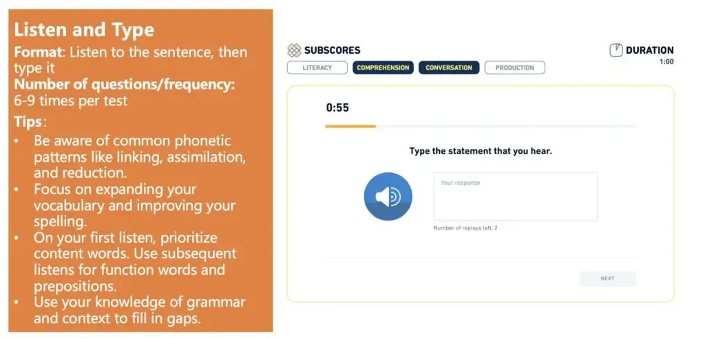 Introduction of Listen and Type questions.