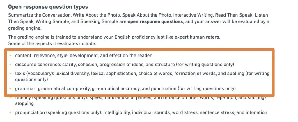 A screenshot of Det writing scoring criteria.